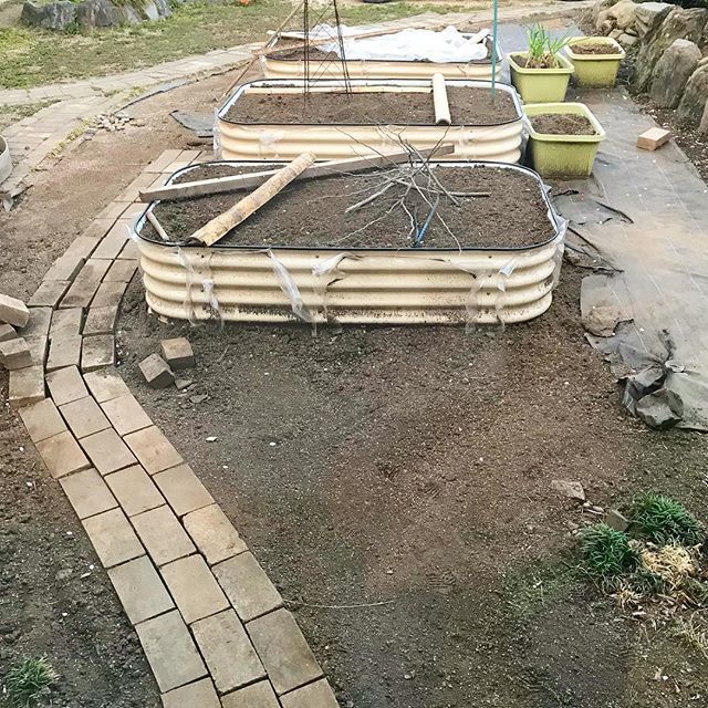 A Rue En Twitter 作業場前にレイズドベッドを設置 そしてレンガの小道を作り直す 防草シート敷いて本設置なので仮置き グランドカバーだけ早めに植えないと雑草に負けちゃう こっちのレイズドベッドは深めなので支柱もたてやすいと思う レイズドベッド キッチン