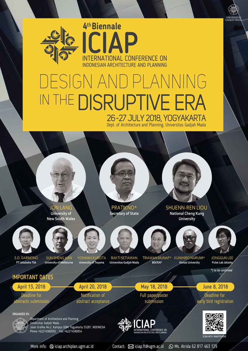 iciap_ugm's tweet image. #CALLFORPAPER

We invite you to participate in the 4th Biennale of #InternationalConference on Indonesian #Architecture and #Planning and to submit an abstract.

Please visit iciap.archiplan.ugm.ac.id for further information.
We look forward to your participation at this conference