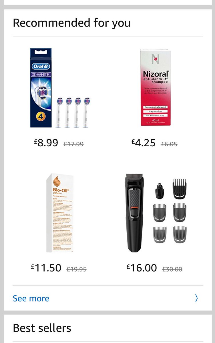 sophie_t_a's tweet image. Poor personalisation on @AmazonUK  - apparently I need to treat dandruff &amp;amp; stretch marks, trim my beard and clean my teeth with the electric toothbrush I don’t own 🤔🤔#wouldntrecommend #whereisthelogic #ecommerce #ux