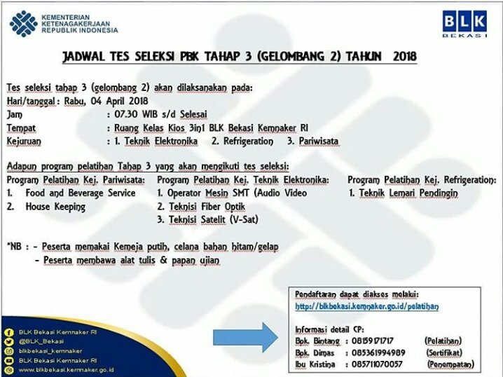 Blk Bekasi Kemnaker Ri Twitterissa Jadwal Tes Seleksi Tahap 3 Gelombang Ke 2 Di Blk Bekasi Kemnakerri