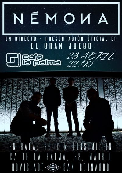 La presentación del EP #ElGranJuego, trabajo perteneciente al colectivo <a href="/Nemona3c/">NÉMONA</a>, se celebrará el próximo 28 de abril en <a href="/cafelapalma/">CAFE LA PALMA</a>.

No lo pienses más y acércate a ver su poderoso directo. Entradas a la venta en notikumi.com/2018/4/28/conc…