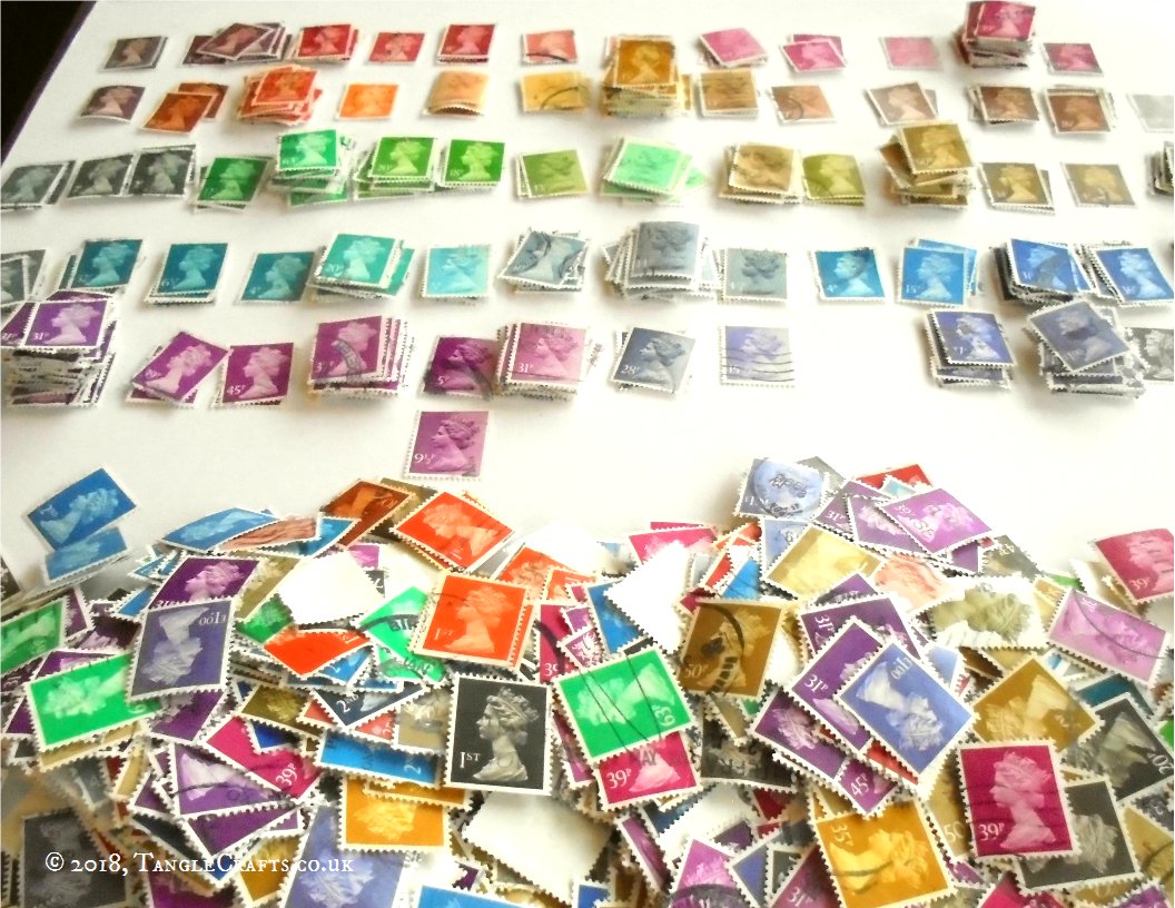 TangleCrafts's tweet photo. An unusually rich crop of purples &amp; yellows in today's batch of stamp-sorting! #newprojectcomingsoon #happyday #treasuretrove #richpickings #rainbowstamps #gbstamps #machinstamps #upcycling #preparation #lookatalltheprettycolours https://t.co/92knAfWrVM