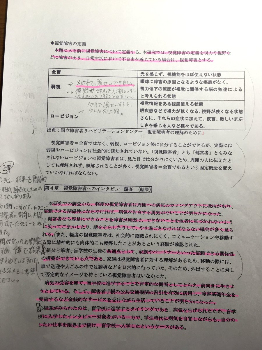 NARUTOma4869's tweet photo. 「社会のバリヤー視覚障害者へのインタビュー」という内容で、卒論を書きました
約4万5000文字をA4判4枚にまとめたので、伝えたいことが全部伝えることができませんが、よかったら読んでください
⚠️実際に卒論の時に使用したレジュメなのでメモが書いてあります
#視覚障害者
#網膜色素変性症
#共生 https://t.co/LC2YIPaabf