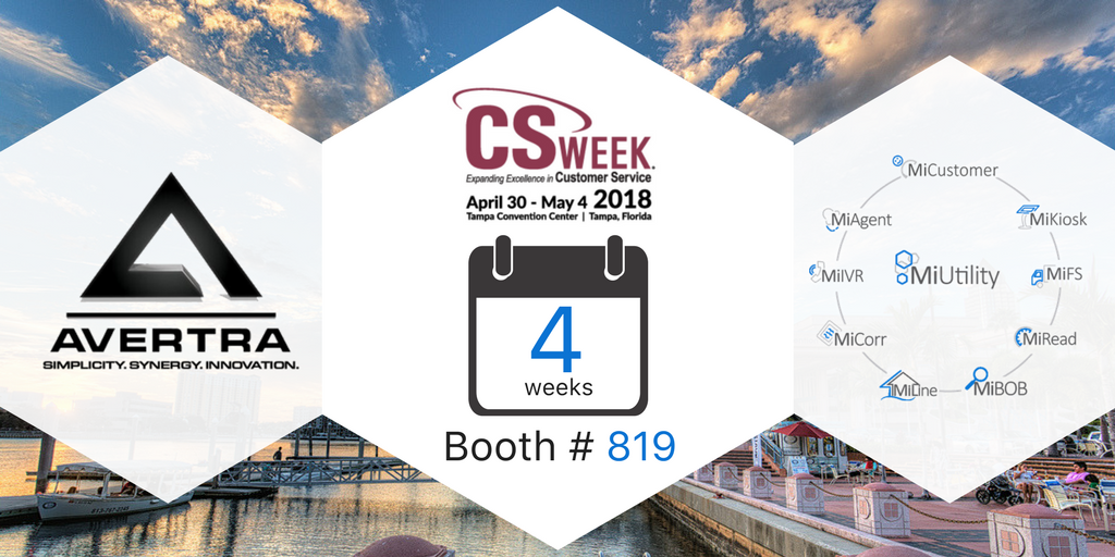 AvertraCorp's tweet photo. The countdown has begun! 4 weeks until @CSWEEK 42 in Tampa, FL. We are very excited to be returning as a gold sponsor to showcase the growth of our products over the past year. Please stop by and visit us at booth #819! #CSWeek42 #MiUtility #Avertra https://t.co/cO1cciQPHz