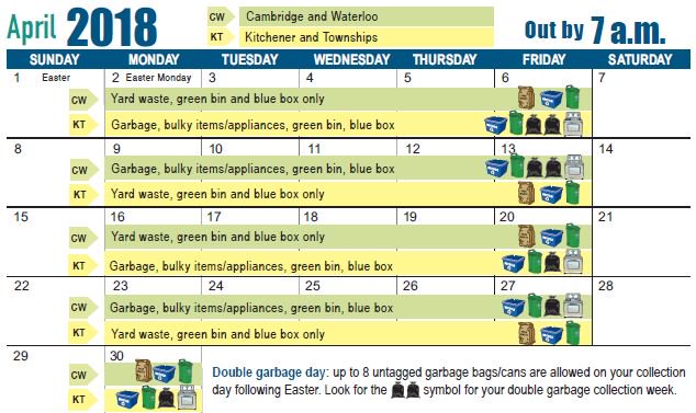 WasteWR's tweet photo. April already!!  Here is the April page from the 2018 waste calendar.  DOUBLE GARBAGE week on your garbage collection week following Easter.  Check it out. https://t.co/zRmTX7Rrnr
