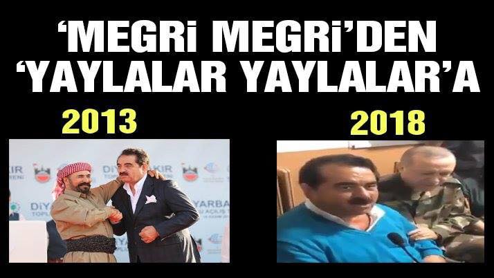 2013 yılında, Diyarbakır'da Şivan Perver ile birlikte 'açılım türküsü' olarak siyasi tarihe kazınan Kürtçe 'Megri Megri' türküsünü seslendiren ünlü sanatçı İbrahim Tatlıses bu kez, askeri eğitim türküsü 'Yaylalar yaylalar'ı bakın nasıl söyledi? 
sozcu.com.tr/2018/gundem/me…