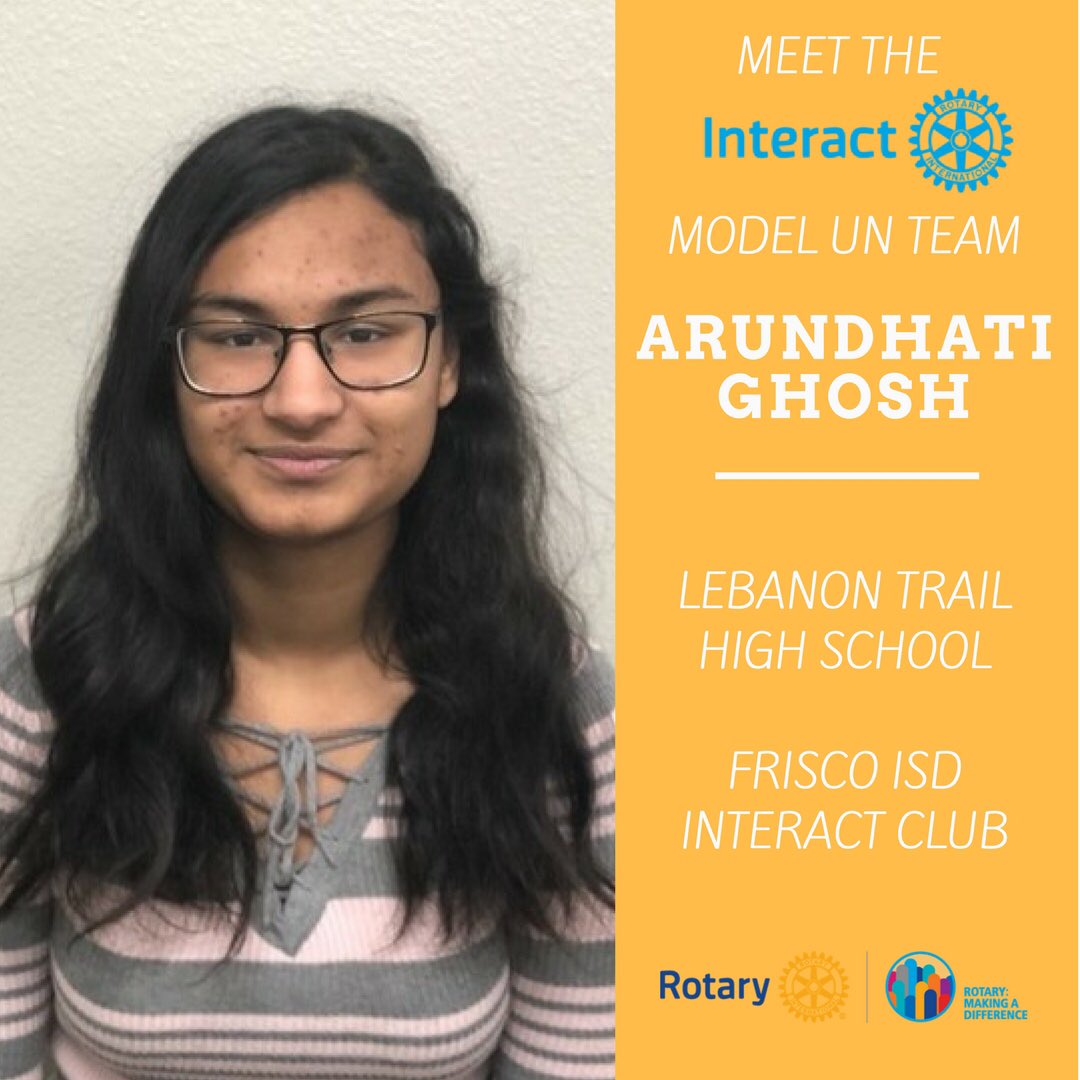 D5810Interact's tweet photo. Meet @LebanonTrailHS sophomore and #ModelUN2018 delegate Arundhati Ghosh! She's involved in wrestling, Biology Olympiad, and, of course, the @friscointeract! This literature lover is looking forward to hearing new viewpoints at #InteractUN5810! #InteractMUN #ItsBetterWhenUNteract https://t.co/OtNctsF7jx