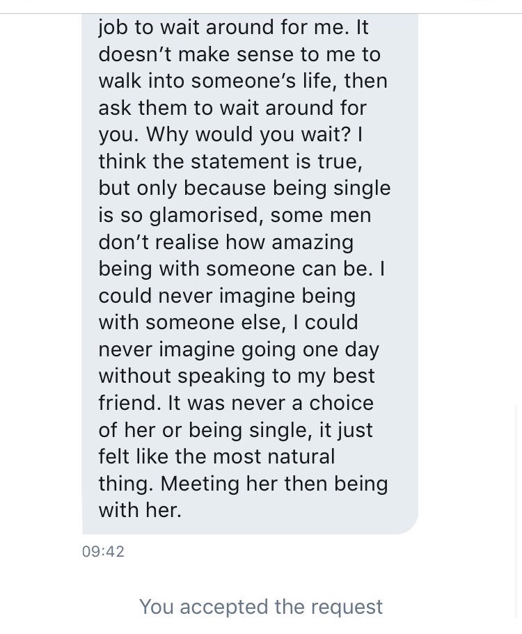 This is a three pager but it's totally worth the read. "I became ready when she came into my life. She was the person I wanted to be with and it was up to me to meet her needs..."