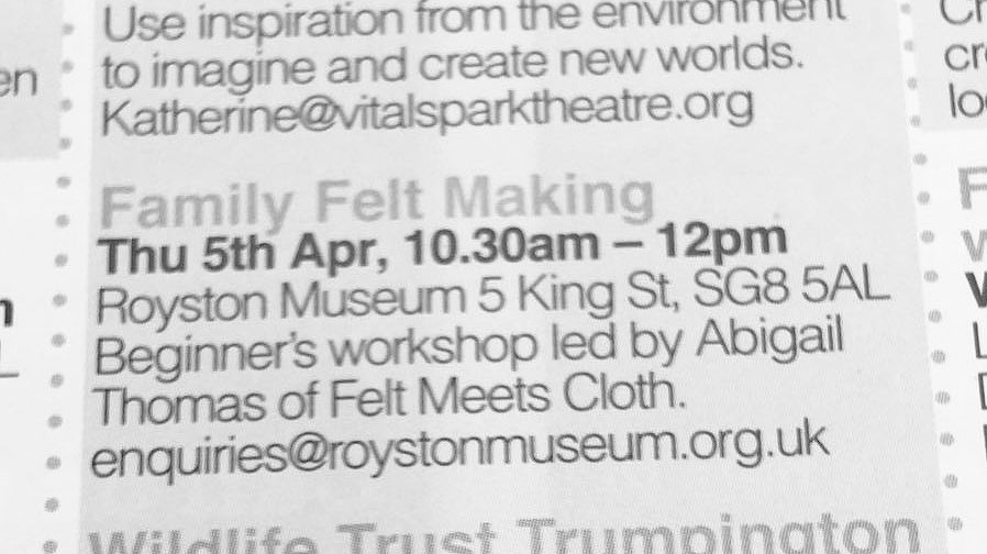 FeltMeetsCloth's tweet image. Family Feltmaking @RoystonMuseum this Thurs! Fun Easter hols workshop - come join us! #felt #easterworkshop #royston #herts #whatson