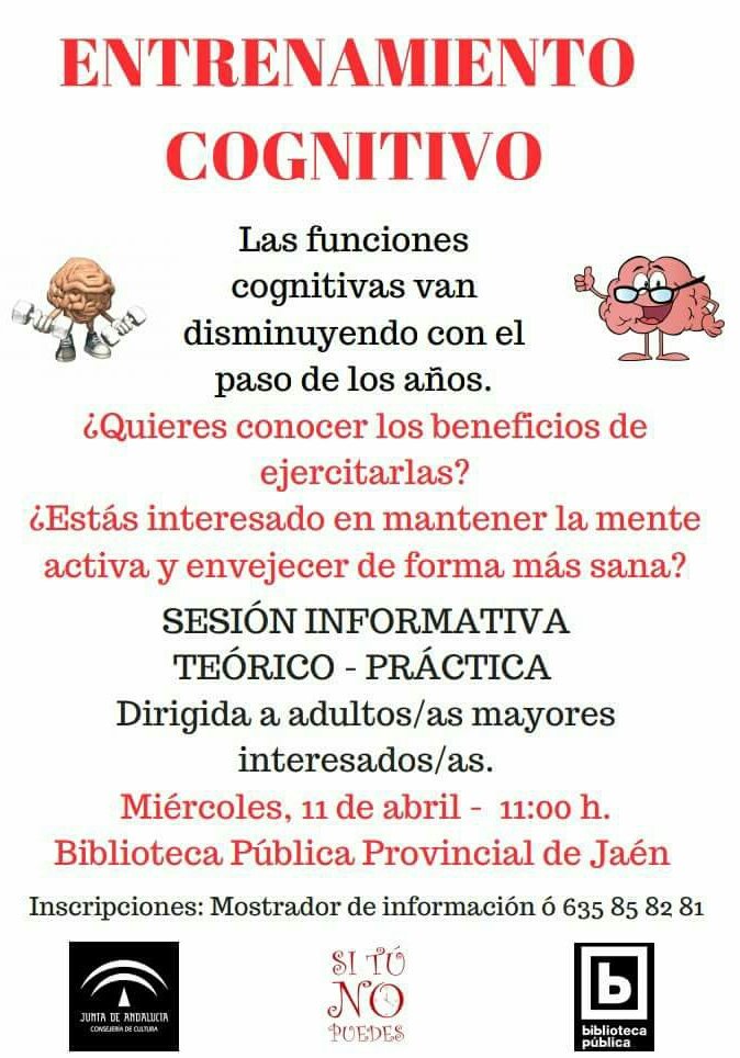 sinopuedes's tweet photo. 🗓️ Próximo 11/04 - 11 h., desarrollaremos una sesión informativa teórico-práctica sobre #EntrenamientoCognitivo en la Biblioteca Pública Provincial de #Jaén, dirigida a adultos/as mayores 👵👴.

🙋 Si estás interesado/a, no dudes en inscribirte. ¿Nos ayudas a difundir?😉 https://t.co/AmSVwfS92B