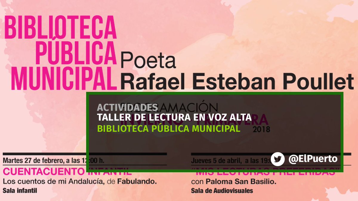 Este martes comienza el Taller de Lectura en Voz Alta impartido por Alicia Castro en la Biblioteca Municipal elpuer.to/bYpoV7g
#ElPuerto #Cultura