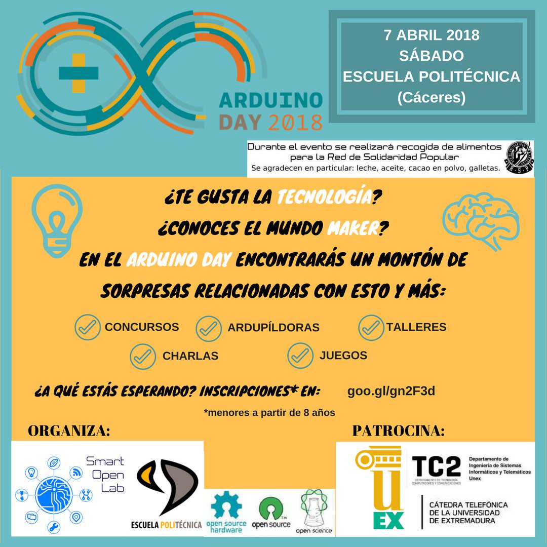 EstudiantesEPCC's tweet image. En @SolEpcc de @EPCC_Unex se celebra este sábado, 7 de Abril, el #ArduinoDay18
Si sientes curiosidad por el mundo maker o quieres saber en qué consiste no dudes en asistir a este evento.
ENTRADAS LIMITADAS en: goo.gl/gn2F3d
+ Info en @SolEpcc
¡Te esperamos!