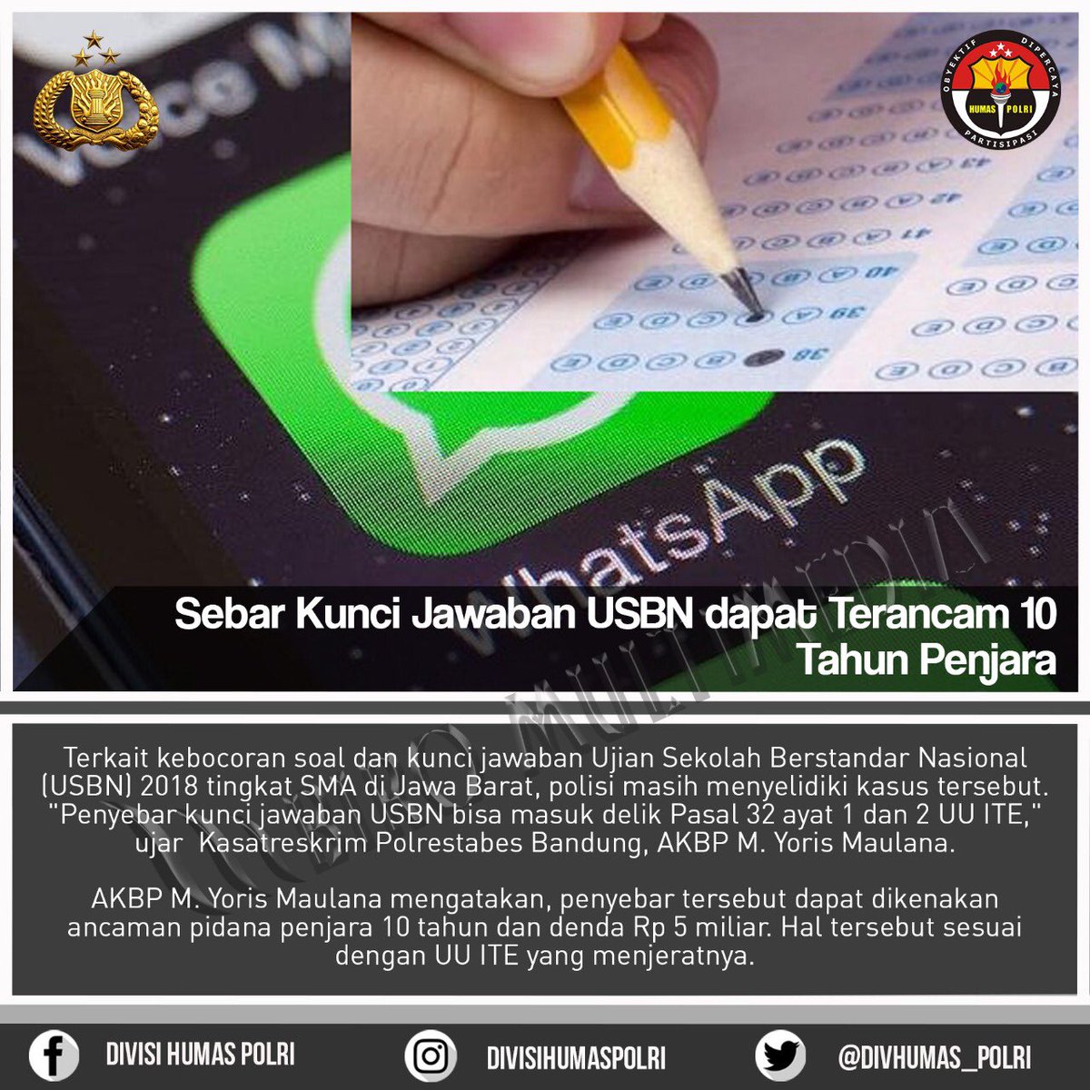 Sebar Kunci Jawaban USBN dapat Terancam 10 Tahun Penjara
#thebestpol #polripromoter