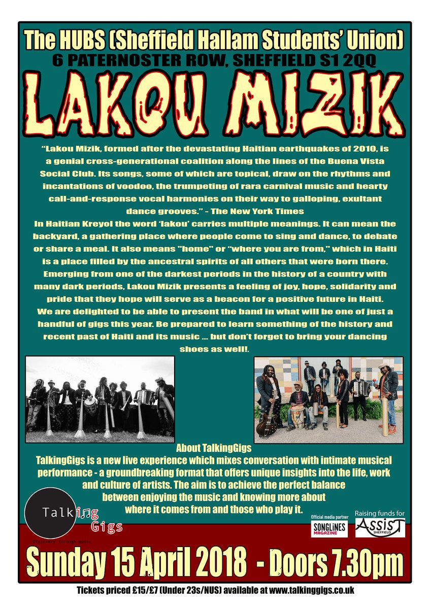 Okay - 27 tickets sold last week ... just 18 left. I'll leave you to work out how fast you need to move if you want to catch #Haiti's wonderful <a href="/LakouMizik/">Lakou Mizik</a> at <a href="/HUBSSheffield/">HUBS Sheffield</a> on Sun 15th Apr. #sheffieldissuper
Tkts (£15/£7) from talkinggigs.co.uk