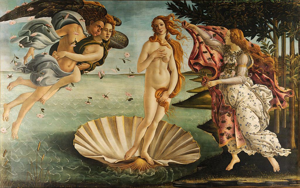「ヴィーナスの誕生」　ボッティチェリ　1485年頃 ギリシャ神話の愛の女神ヴィーナスが誕生した姿を描いた作品。現実の人間よりも理想的な像を表現しようとしている。 https://