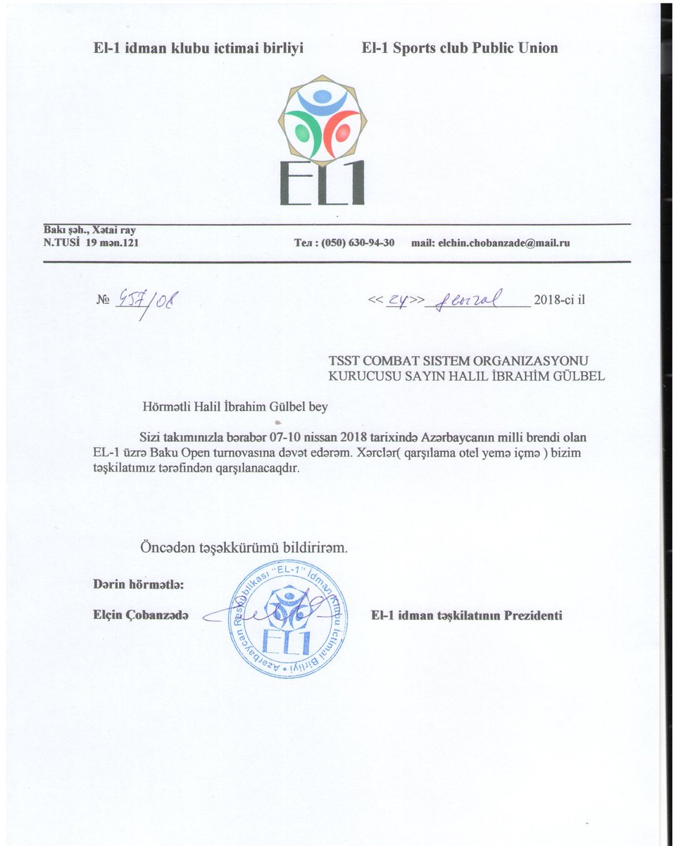 #TSST#AZARBAYCAN BAKÜ EL 1 OPEN TURNUVALARINA DAVET EDİLDİK 6-10 NİSAN TARİHLERİ ARASINDA BAKÜ DEYİZ İNŞALLAH