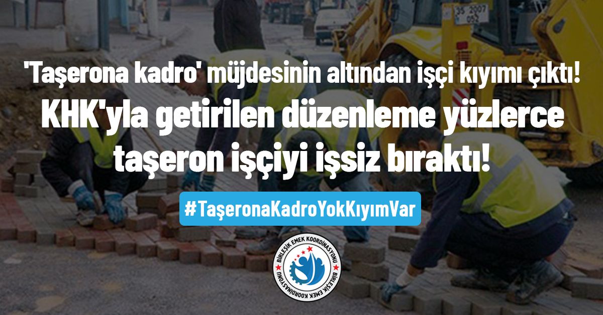 AKP yine işçilere yalan söyledi. Etnik temizlik, mezhepsel temizlik, siyasi temizlik yaptı. Kendisi ya da akrabası AKP muhalifi olan taşeron işçiler kamu işyerleri ve belediyelerden atıldı. Ayağa kalk, itiraz et, birleşik mücadele edelim.. #TaşeronaKadroYokKıyımVar