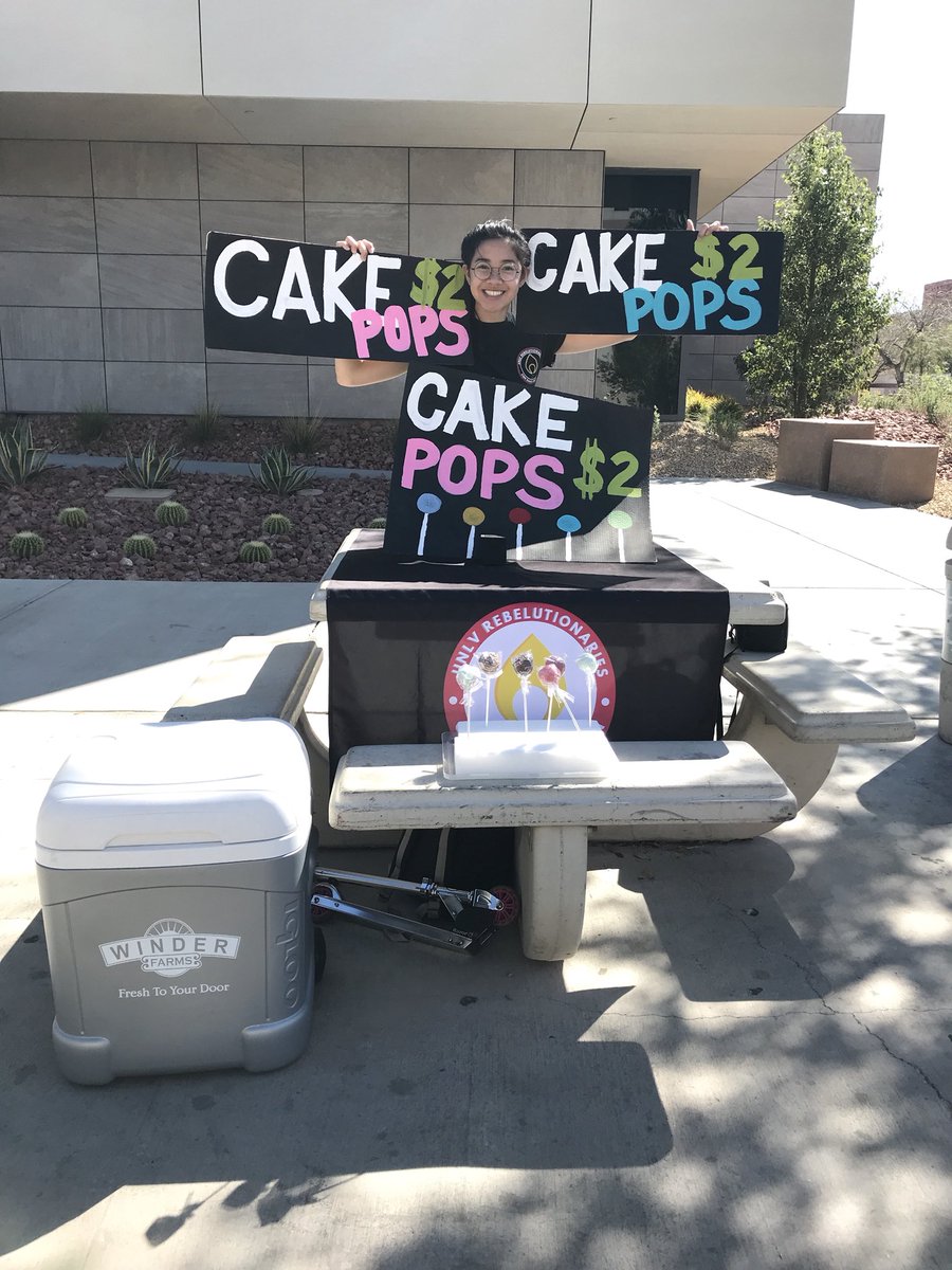 unlvrdm's tweet photo. Hey Rebs!
Today’s the day!
Come visit us on the free speech zone from 10-2:30 for some delicious cake pops!
We have chocolate, birthday cake, and red velvet! 
They’re being sold for $2 so get them before they’re all gone! 
We hope to see you here, it’ll be pretty sweet 😉 https://t.co/aDx2gII9HT