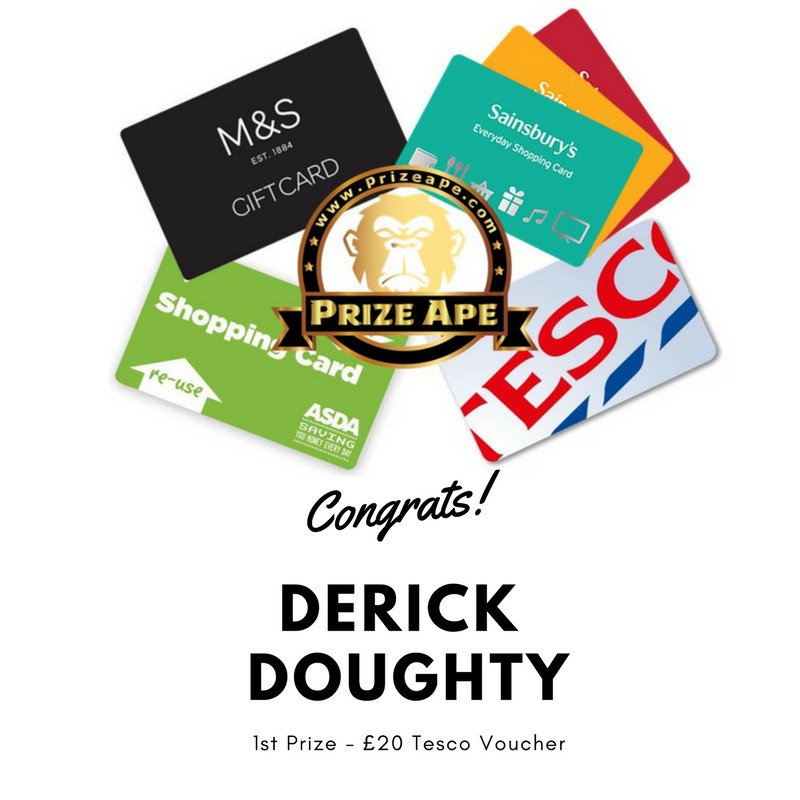 prizeape's tweet photo. Congratulations to Aprils Winner, Derick Doughty who has won a £20 Tesco Gift Card. #apemazing #giveaway #monthly https://t.co/xOWvyYsi21