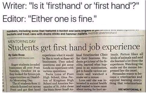 𝙰𝚗𝚍𝚢 𝚁𝚞𝚍𝚐𝚎 Missing Hyphens Matter As Seen In The Following Example From A Newspaper Article Students Get First Hand Job Experience Writing T Co Lxtghv6uqa