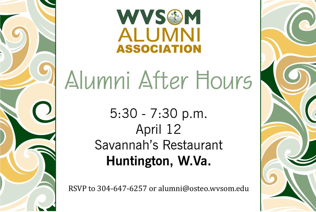 WVSOM_AlumniAssoc (@wvsom_alumassoc) on Twitter photo Our <a href="/WVSOM/">WVSOM</a> Alumni After Hours in Huntington is coming up next week! This is a free event open to all alumni and students on rotation in the Huntington area. Don't forget to RSVP if you are planning to join us! Our <a href="/WVSOM/">WVSOM</a> Alumni After Hours in Huntington is coming up next week! This is a free event open to all alumni and students on rotation in the Huntington area. Don't forget to RSVP if you are planning to join us!