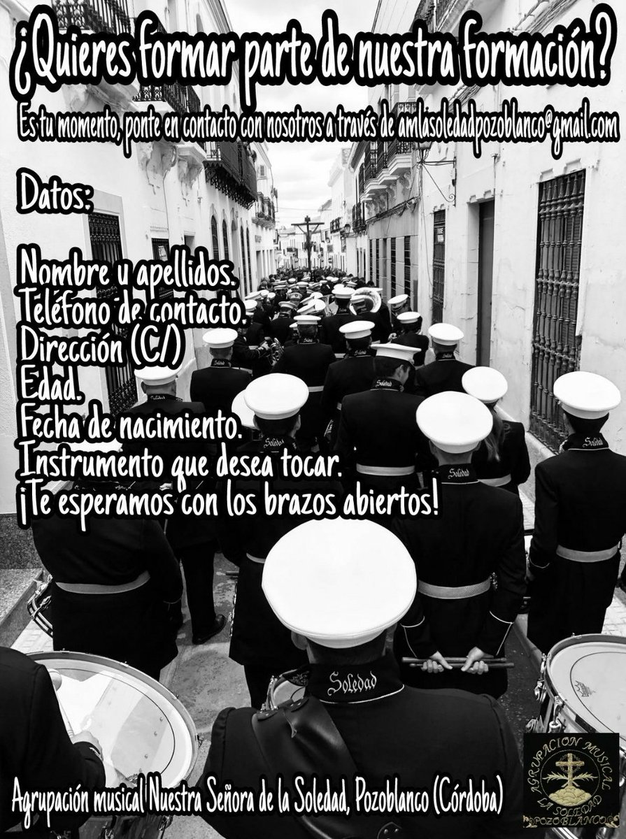 ¿Quieres formar parte de la Agrupación musical de la Soledad? 

Sigue los siguientes pasos que te damos en la imagen.

¡Os esperamos con los brazos abiertos!