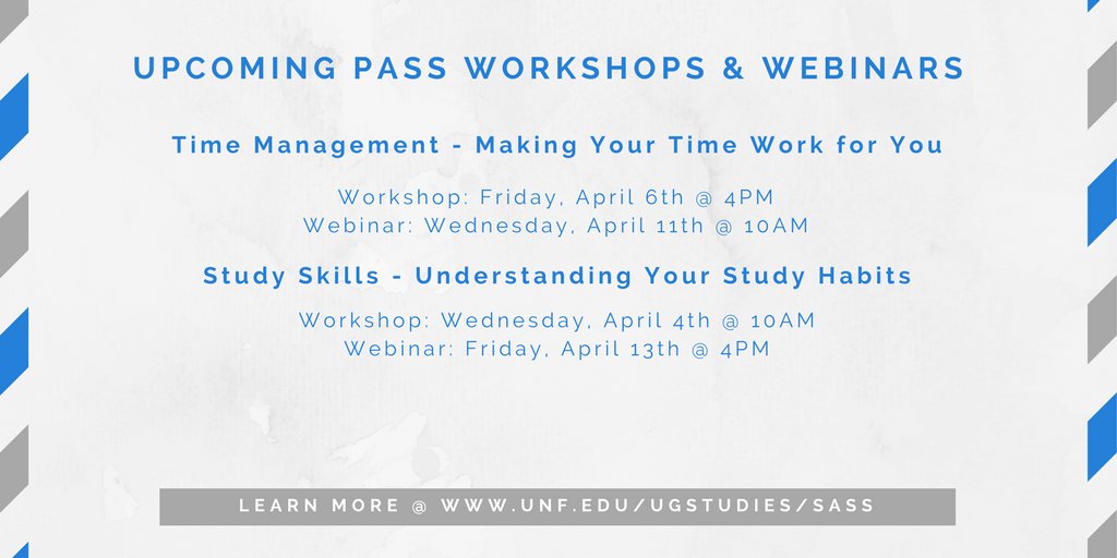 UNFSASS's tweet photo. Looking for some #MondayMotivaton? Stop by one of our upcoming workshops or webinars to sharpen your academic skills just in time for finals! #UNFStudentSuccess #loveUNF https://t.co/VCt0jX1ZSF