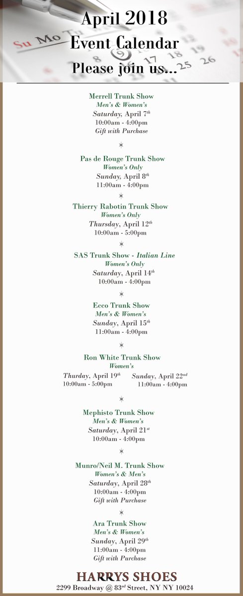 Harrysshoes's tweet photo. Special Events at Harrys Shoes for April 2018#HarrysShoes #shoesnyc #shoegasm #HarrysShoes https://t.co/LIskOC2wl1