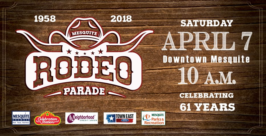 cityofmesquite's tweet photo. Mark your calendar for the 61st Annual Mesquite Rodeo Parade! Horses, bands & floats will wind through downtown Mesquite beginning at 10 a.m. on Saturday, April 7. View the parade route at https://t.co/55rAs90VLy. Learn more by calling 972-216-6499. #RealTexaFlavor #RealTexasFun https://t.co/OBM68R0cMP