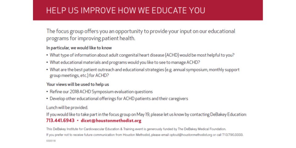 HuieLin's tweet photo. @SilentCriesProd @NicoleVickery @savvy_coop @ShariBerman68 @FredWuMD @HeartOTXHeartMD @UABCardiology @uabmedicine @MethodistHosp @ACHA_Heart @MLH_CHD @TheCHPHC @WilliamZoghbi @ACCCardioEd Here's your invite for our @MethodistHosp #ACHD2018 5/19/18 Focus Group! ACHD patients/families as well as parents of kids w/ #CHD welcome! Tell us how #ACHD docs can do a better educating patients and families. @MethodistSLHosp @ACCinTouch #ACCACPC (RT please!) https://t.co/mm6CdEv7JG