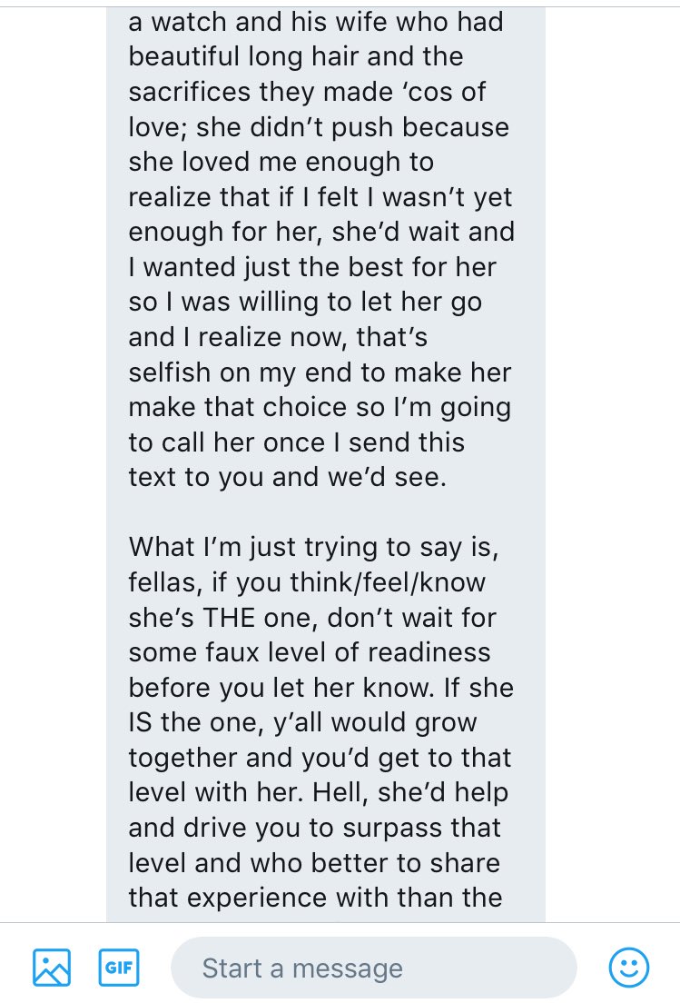 This man says "fellas, if you think/feel/know she's the one, don't wait for some faux level of readiness before you let her know".'