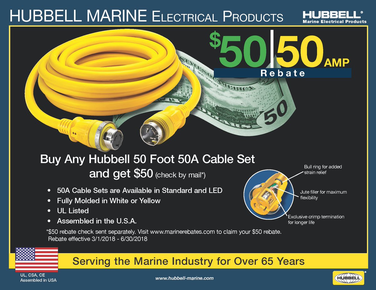 Get $50 back when you buy any Hubbell 50 ft. Cable Set! Available in Standard and LED #MarineProducts