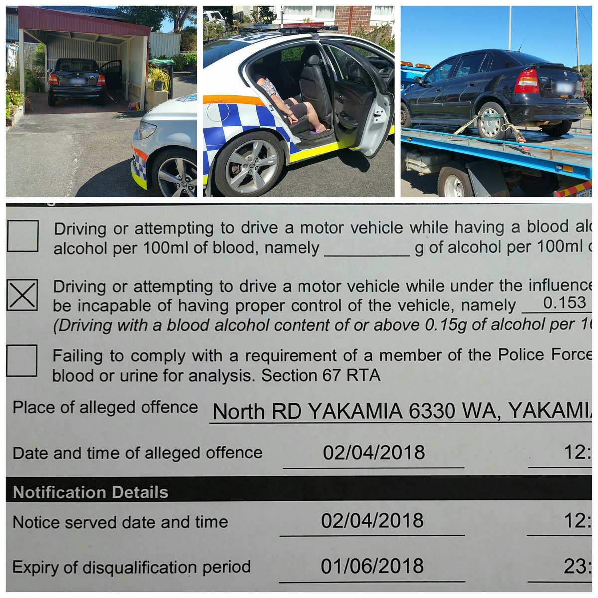 RoadPolicingWA's tweet photo. Elderly female driver charged for reckless driving and DUI. Vehicle also impounded for 28 days. She ain't sober at all 😀 #WATrafficPolice #WARoadSafe #DontDrinkAndDrive #DriveSafe #BADBus4 https://t.co/xINl3op8M5