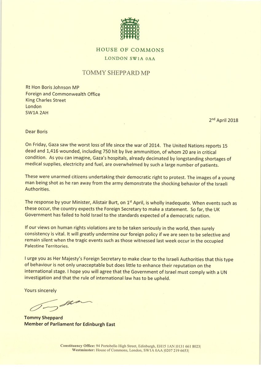 I've written to Boris Johnson to express my concern about the horrifying attacks on civilians in Gaza on Friday. We must be consistent in our Foreign Policy and the UK Government needs to play its role in ensuring international law is upheld