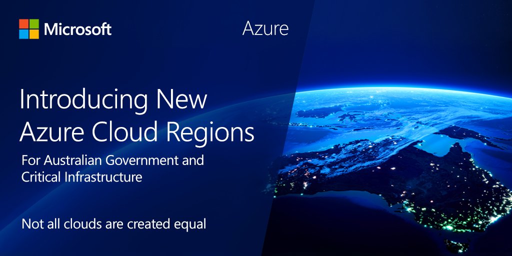 MSAU_Partner's tweet image. Microsoft today announced the availability of two new Microsoft Azure cloud regions located within secure, resilient, Australian-owned facilities of Canberra Data Centres to support mission-critical demands of Government &amp;amp; national critical infrastructure: msft.social/yKIxCe
