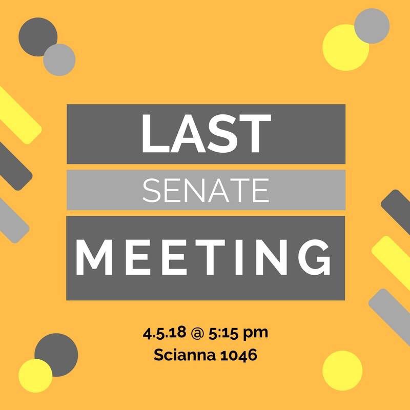 Join us this Thursday at 5:15pm in Scianna 1046 for our last Senate meeting of the 2017-2018 term! If you are unable to attend, you can view the livestream on our Facebook page. We hope to see you there!