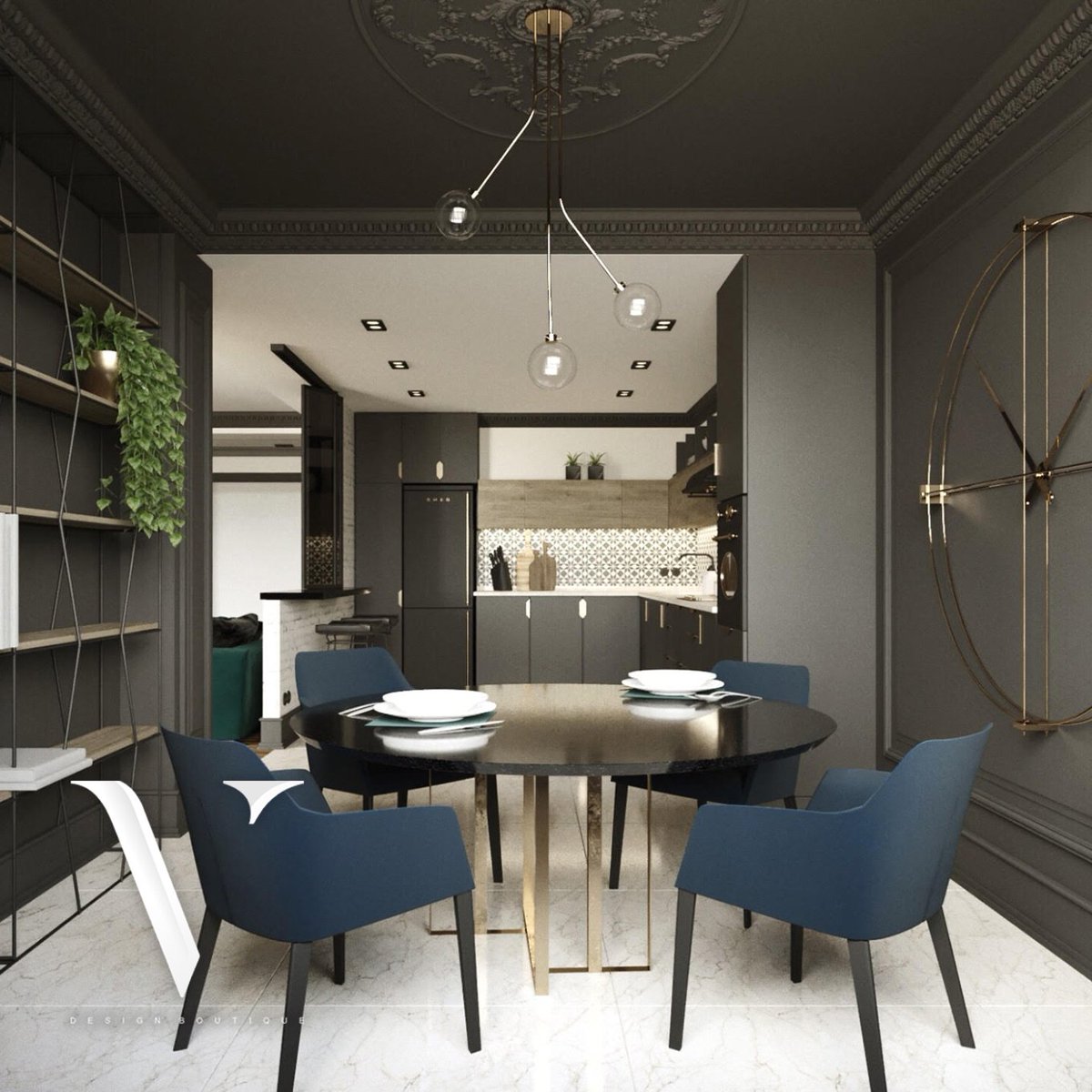 Dark grey in an elegant open kitchen area, with stylish tiles and accent blue chairs 
#interiordesign #UAEinteriors #abudhabidesign #interiors #kitchen #dining #blackinterior #dubaiinteriordesign