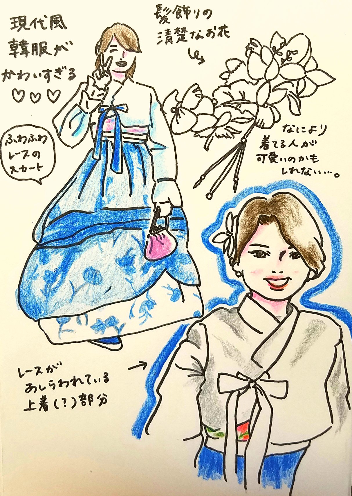 Jukko 友達が着てた現代風チマチョゴリ がかわいすぎたので絵に描きました 透け感のあるふわふわのレーススカート重ねると お姫様のようなんです いい 手書きイラスト チマチョゴリ T Co Sy2fvtg1lm Twitter