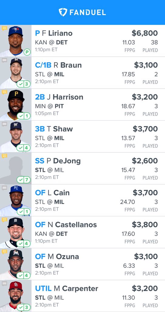 DFSFantasyLand's tweet photo. Here is a risky MLB Early Slate gpp if anyone is interested. Play super light! Like if using. #MLB #FanDuel #GPP #Lineup #EarlySlate https://t.co/ptDBdfQM1x