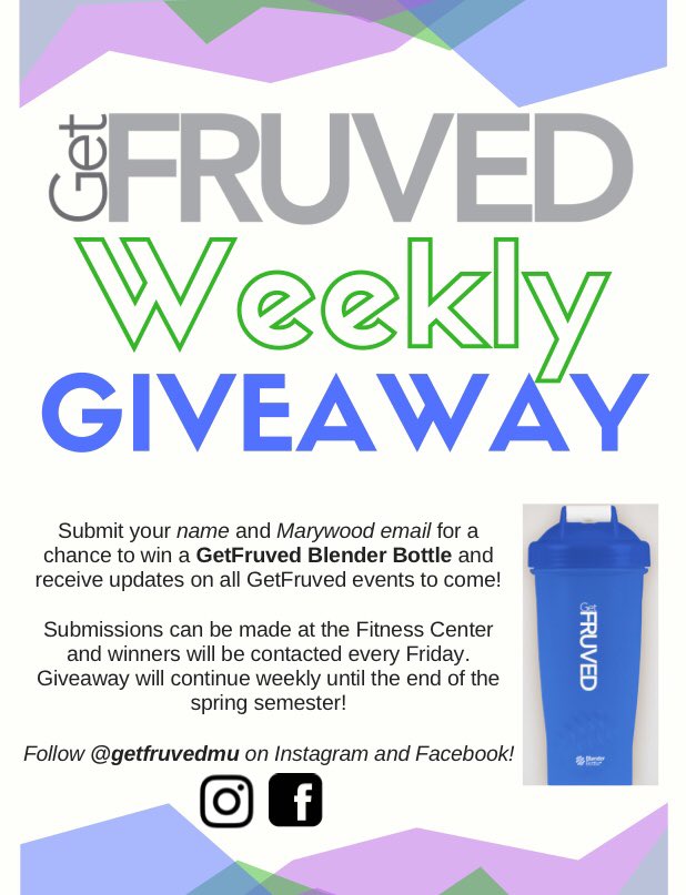 getfruvedmu's tweet photo. As you come back from break, don’t forget about our weekly giveaways for your chance to win a FREE blender bottle! #getfruved #marywooduniversity https://t.co/UwtWMxCGdL