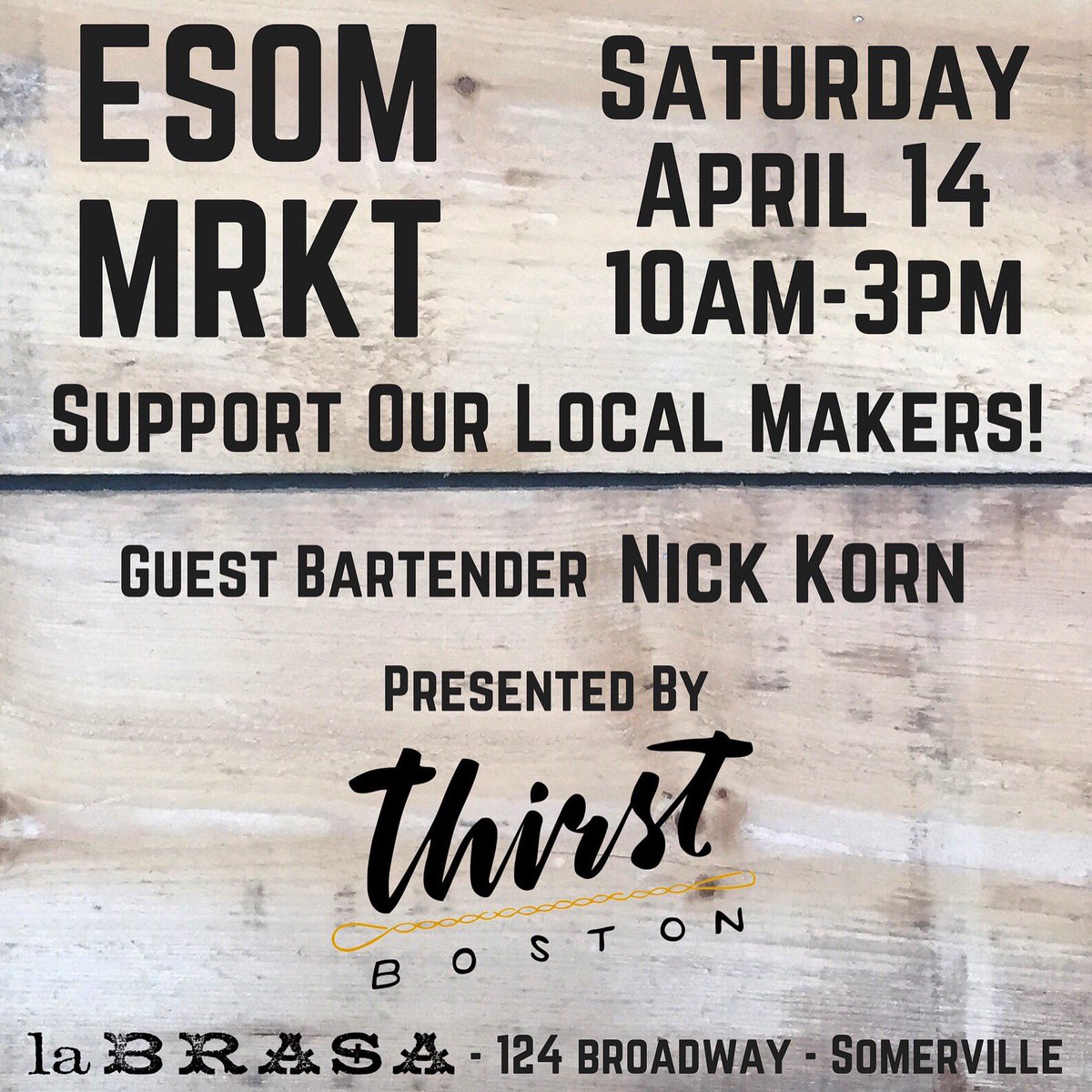 We're teaming up with #ThirstBoston for our next #ESomMarket! Nick &amp; Maureen <a href="/GetOffsite/">OFFSITE</a> will be on hand to tell you about NE's premier #cocktail #festival (Nick will also be on #brunch cocktail duty!) Check out our lineup! #eatbrunchbuystuff #labruncha facebook.com/events/3540779…