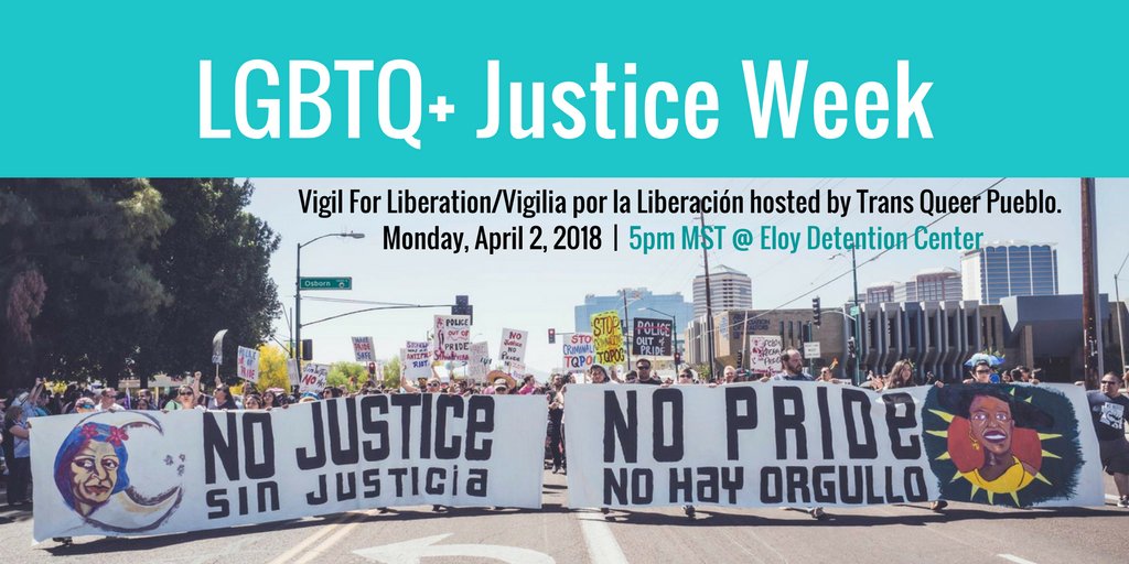 3Wave's tweet image. Eloy Detention Center is the deadliest detention center in the nation. Today, @tqpueblo launches LGBTQ Justice Week in AZ with a vigil for liberation.

Join them: 5pm MST | Eloy Detention Center | 1705 E Hanna Rd, Eloy, AZ 
#NoJusticeNoPride #ICEoutofAZ facebook.com/events/1699389…