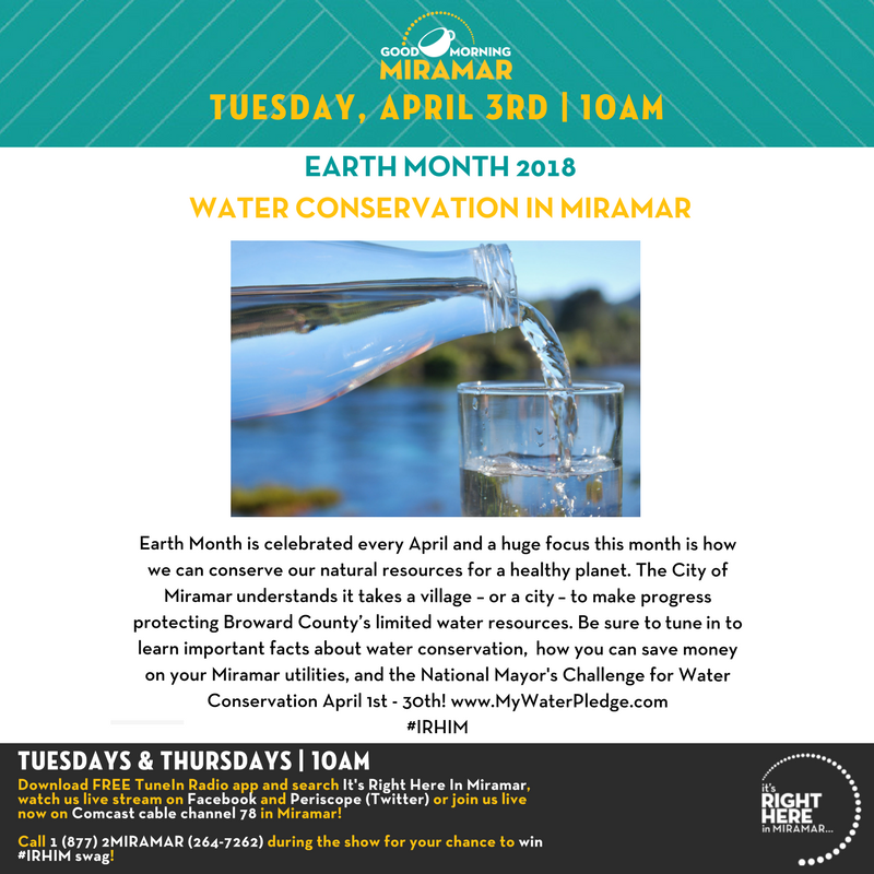 CityofMiramar's tweet photo. TMRW ON #GMM: Did you know that less than 2% of the Earth’s water supply is fresh water? Tune in to hear how Miramar is working to conserve water in 2018 and how you can help! #EarthMonth #IRHIM https://t.co/MTGCoWqgWi