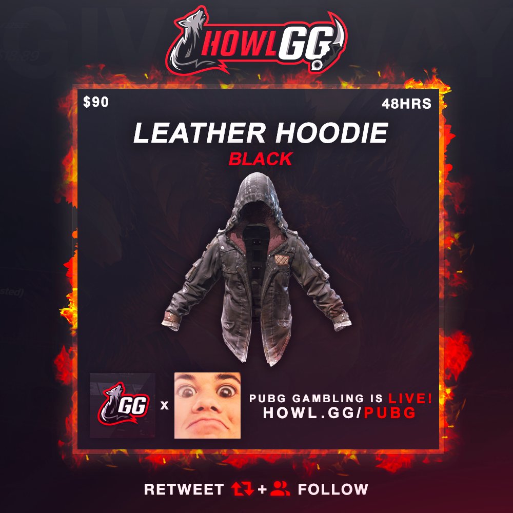 XrayWeek's tweet photo. ★ LEATHER HOODIE ($90) ★

TO ENTER YOU MUST:
-FOLLOW @BeanThe3rd + @HowlGG
-RT + LIKE 
-TAG A FRIEND
-CHECKOUT NEW PUBG JACKPOTS!
https://t.co/Aqltq1SMJP 

#PUBGGiveaway #PUBGGambling

48 HOURS, GL! :D by #hackermanyt via @c0nvey https://t.co/7etYBJEtyU