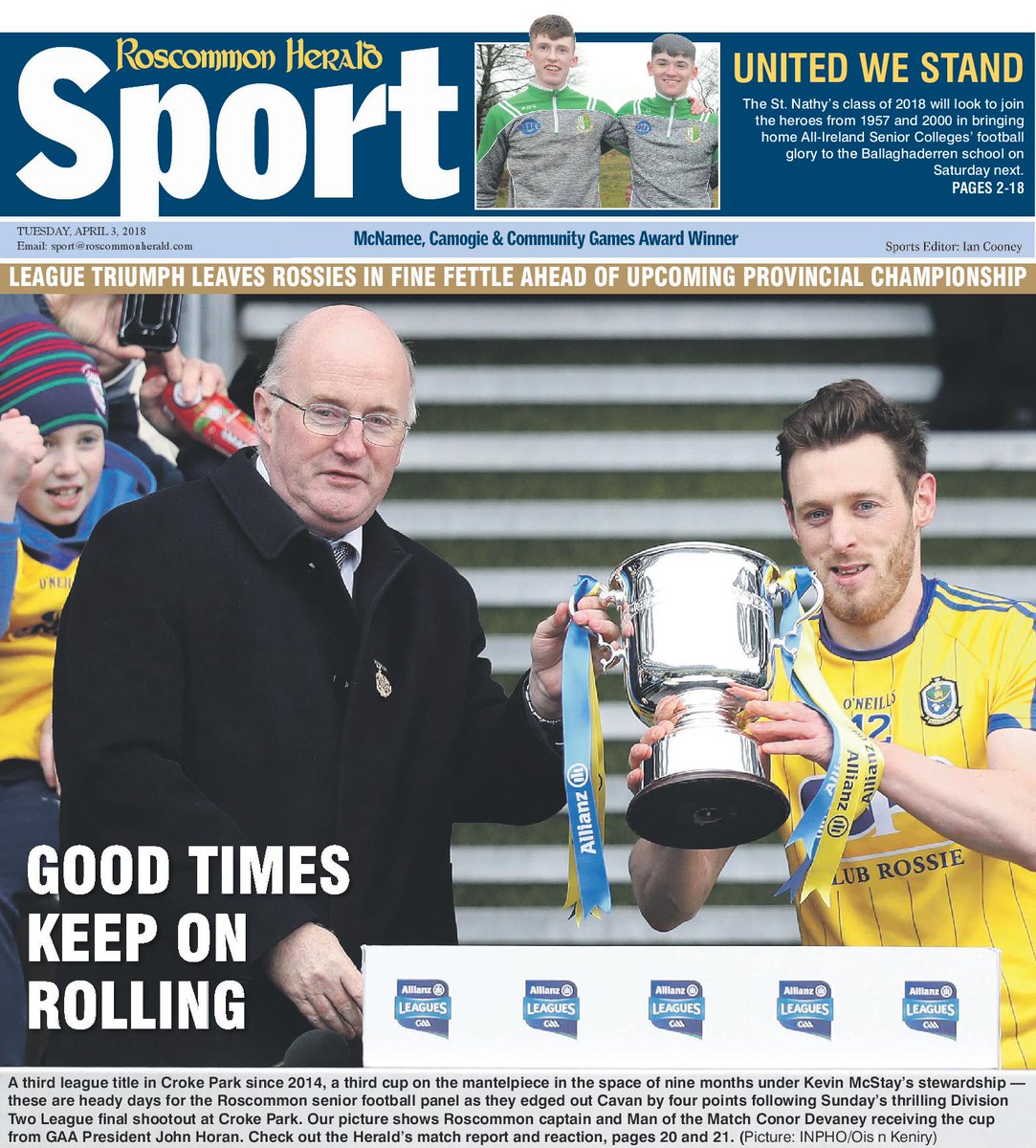 Bumper 40 pages of sport in Tuesday's <a href="/RoscommonHerald/">Roscommon Herald</a> as <a href="/RoscommonGAA/">Roscommon GAA</a> win third National Football League title in five seasons following Sunday's thrilling victory against Cavan at <a href="/CrokePark/">Croke Park</a> 👏 #rosgaa #GAA #weareros #leaguechampions
