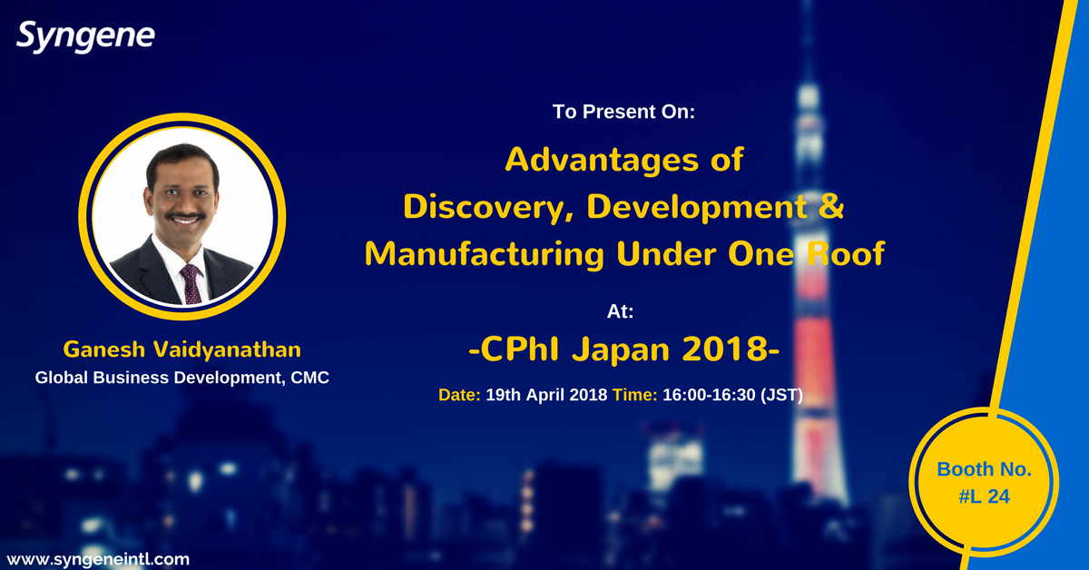 SyngeneIntl's tweet photo. Catch up with Ganesh Vaidyanathan @CPhIWW Japan, he will be presenting on 'Advantages of discovery, development & manufacturing under one roof'. For more details pls write to bdc@syngeneintl.com. #CRO #Biopharma #CPhIJapan #CPhI #chemistry #chemicaldevelopment #pharma #biotech https://t.co/7Iyo7ADBDd