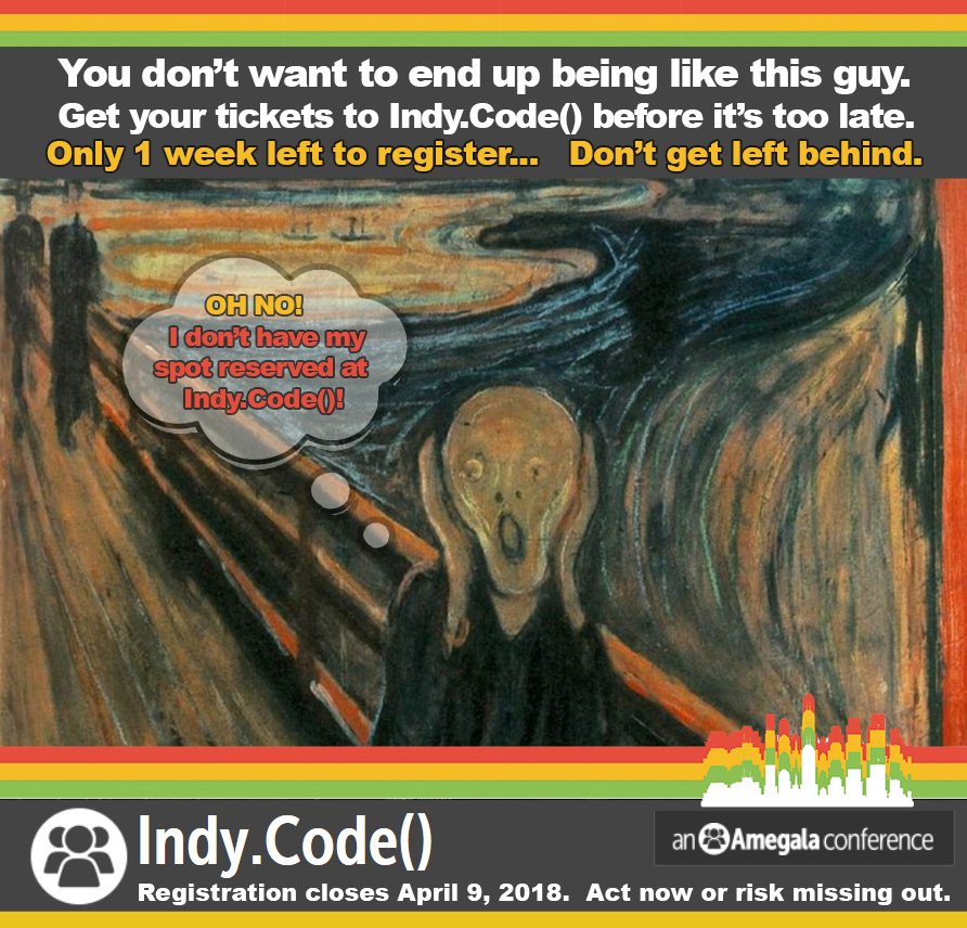 amegala's tweet photo. Don't be THIS guy.
Only ONE WEEK left to get your ticket to Indy.Code().
Over 100 sessions and full-day workshops.
Register now! https://t.co/5myCxKzcVi
#IndyTech #IndyDev #IndyCode #Indianapolis #IndySTEM
#WomeninSTEM #WomeninTECH #SoftwareDevelopment #Programming https://t.co/Oo46CTDBxC