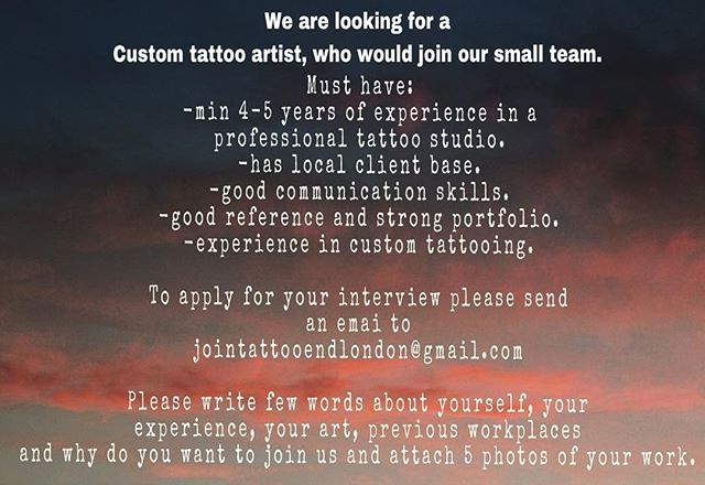 HelloTatteo's tweet photo. PLEASE READ THE CAPTION FIRST

STUDIO : TattooEnd
WHERE : LONDON, UK
CONTACT : tattooend@gmail.com
.
.
.
Looking for new colleague!!!! ☺️please read the info and send us an email with your application!!! .
.
.
For more tattoo jobs follow us @hellotat… https://t.co/Ram9cvzJE8 https://t.co/szIneyoasV