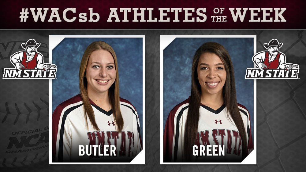 Congratulations to <a href="/NMStateAggies/">NM State Aggies</a>' Nikki Butler and Kayla Green on being named #WACsb Hitter and Pitcher of the Week! wacsports.com/news/2018/4/2/…