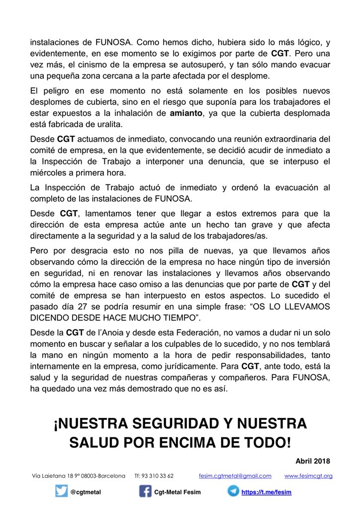 CGTDrivBCN's tweet photo. @cgtanoia: #Funosa Desalojada por riesgo inminente después de desplomarse 400 m2 de cubierta de #uralita #amianto @CGT https://t.co/NIaUh1ILjl